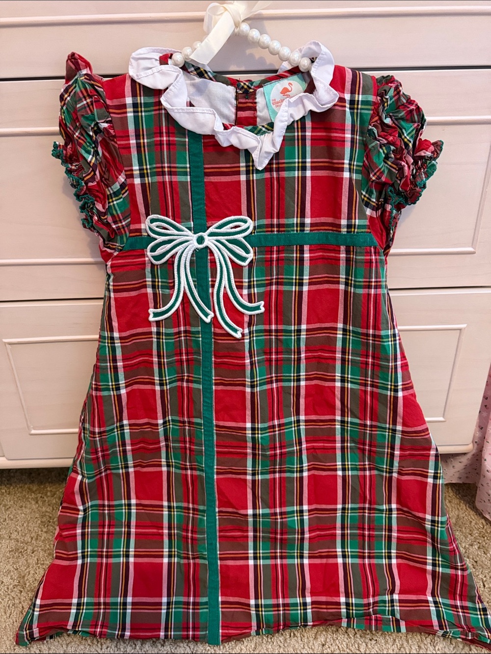 Holiday Red Plaid Girls' Dress with Green Bow Accent